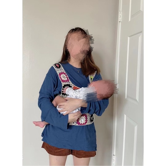 Korean Stylenanda Blue Long Sleeve Top with Multicolor Crochet Overlay - Picture 2 of 8